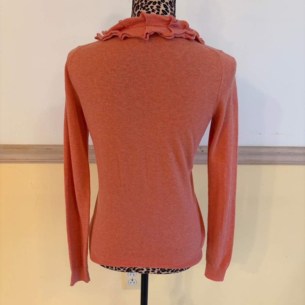 Talbots Womens XS Coral Pink Ruffle V-Neck Button Front Knit Cardigan Sweater - Picture 2 of 4